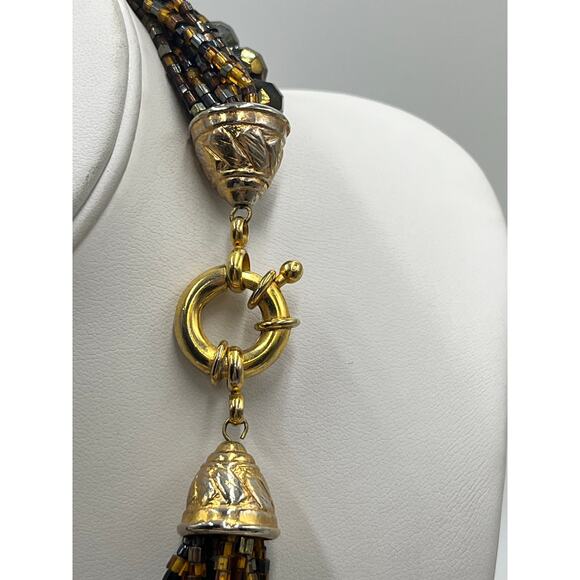 MultiStrand Brown Black Seed Bead Beaded Necklace Gold Tone Large Closure - Picture 7 of 9